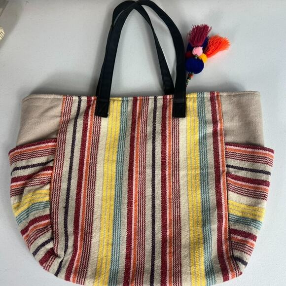 No Boundaries Caroline Multi Striped Boho Woven Cooler Tote Bag with Tassels - Picture 7 of 15